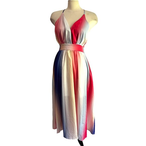 Silky Tie Die Color Splash Open Back Strappy Maxi Dress Sz Medium Womens Flowy L - Picture 4 of 14